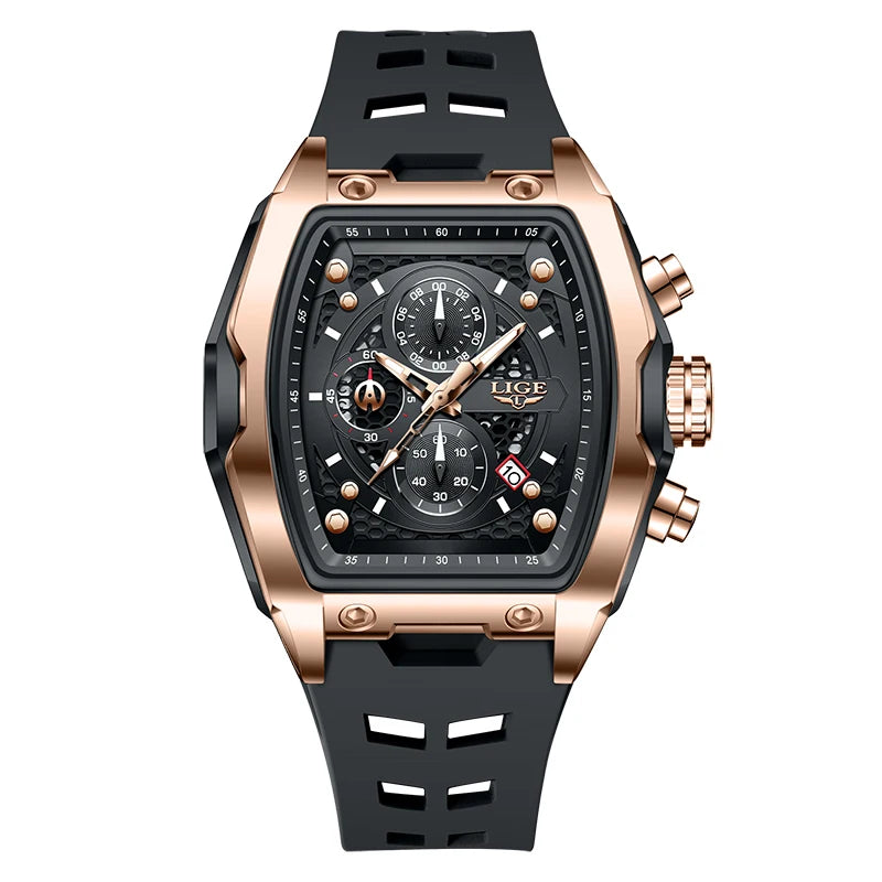 Relógios LIGE multifuncionais de quartzo masculino moda esportes cronógrafo 5ATM pulseira de silicone.