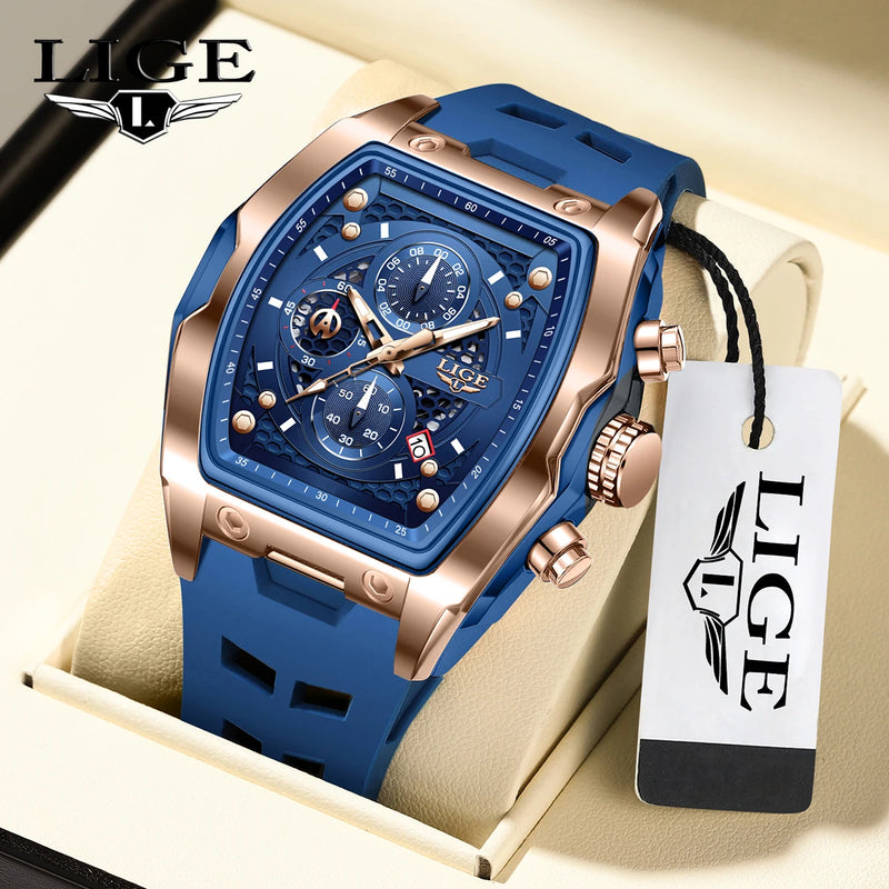 Relógios LIGE multifuncionais de quartzo masculino moda esportes cronógrafo 5ATM pulseira de silicone.