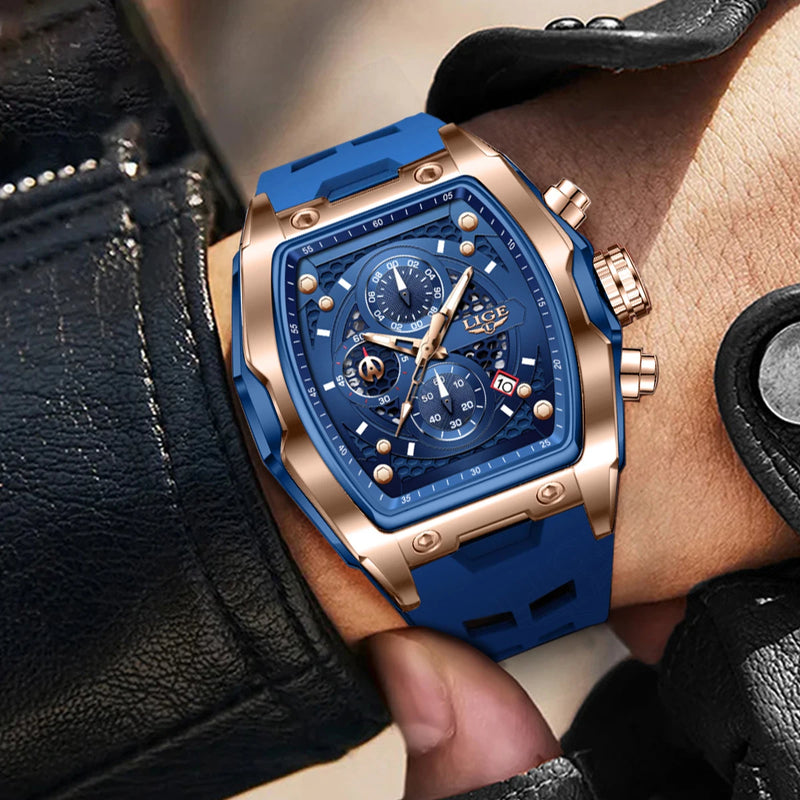 Relógios LIGE multifuncionais de quartzo masculino moda esportes cronógrafo 5ATM pulseira de silicone.
