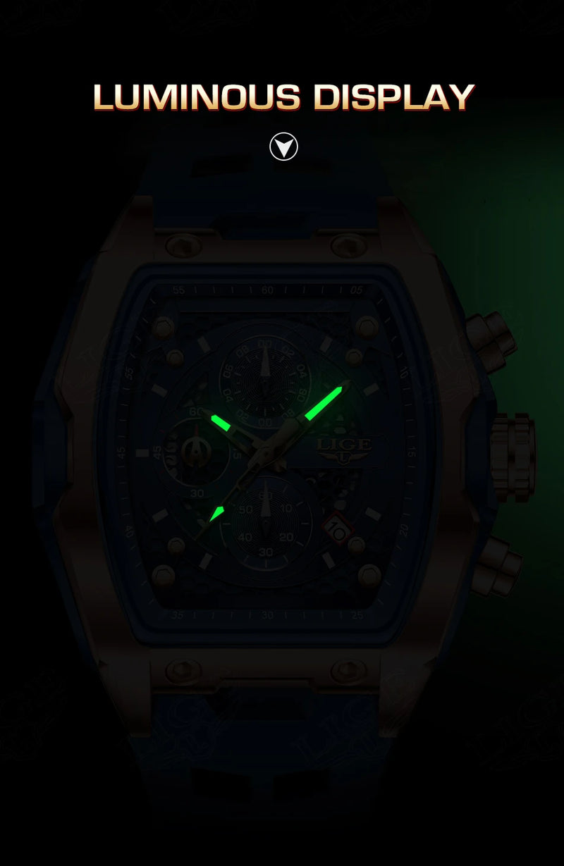 Relógios LIGE multifuncionais de quartzo masculino moda esportes cronógrafo 5ATM pulseira de silicone.
