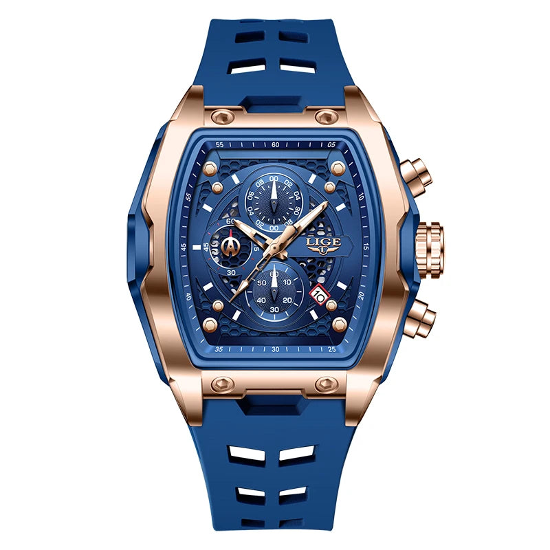 Relógios LIGE multifuncionais de quartzo masculino moda esportes cronógrafo 5ATM pulseira de silicone.