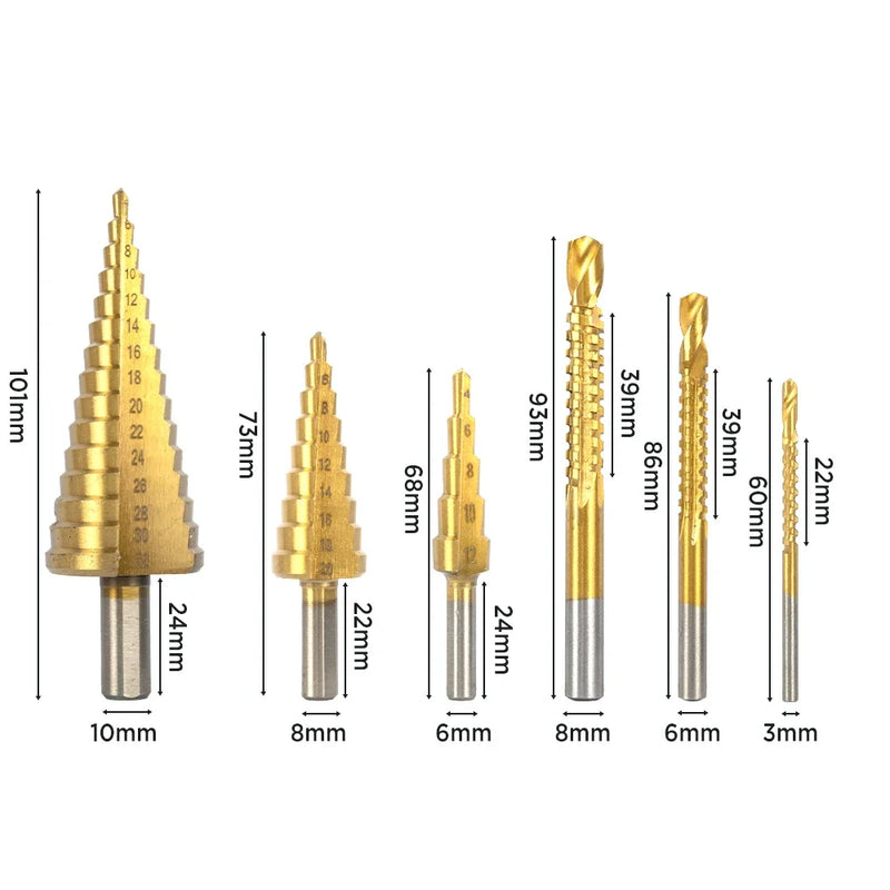 Premium 6pcs Titanium Step Drill Bit Set 4-12 4-20 4-32mm 3-8 mm for Metal Woodworking Efficient Core Hole Opener Milling Cutter