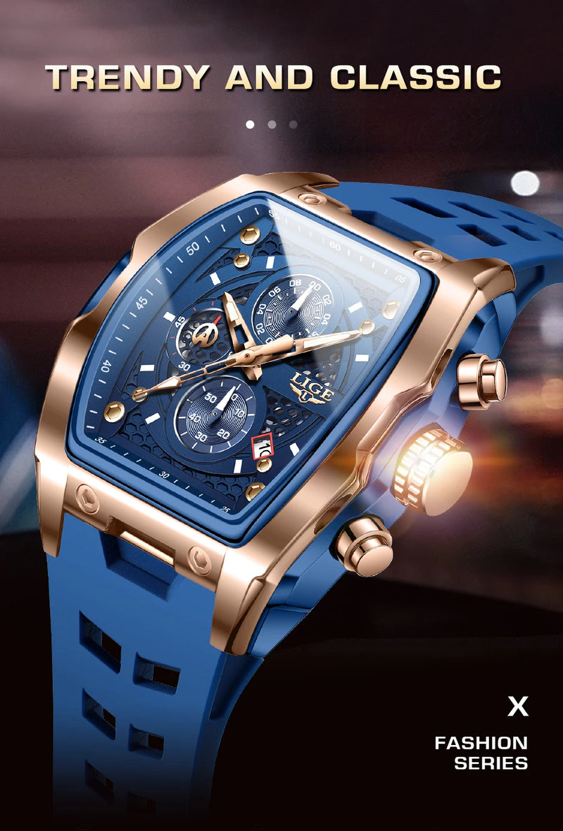 Relógios LIGE multifuncionais de quartzo masculino moda esportes cronógrafo 5ATM pulseira de silicone.
