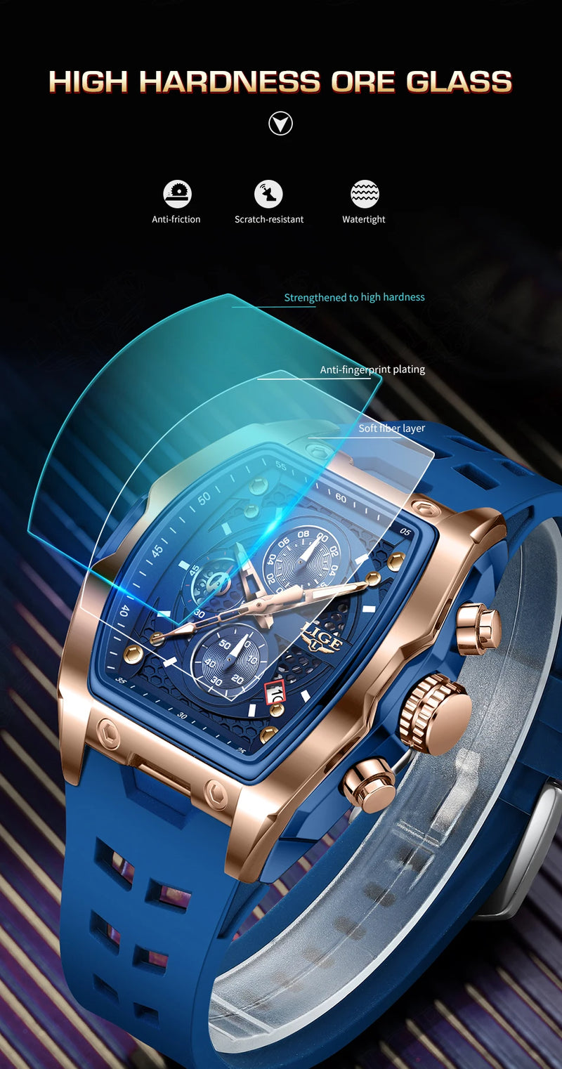 Relógios LIGE multifuncionais de quartzo masculino moda esportes cronógrafo 5ATM pulseira de silicone.