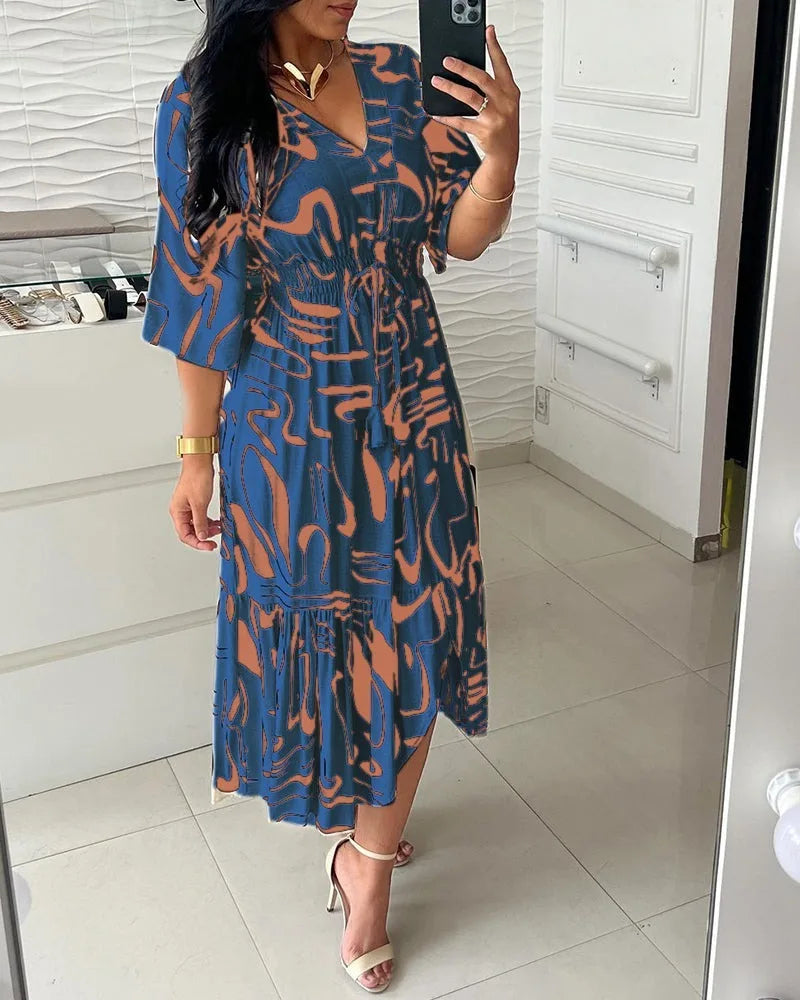 Vestido Longo Casual feminino com decote em V manga alta cintura elástica