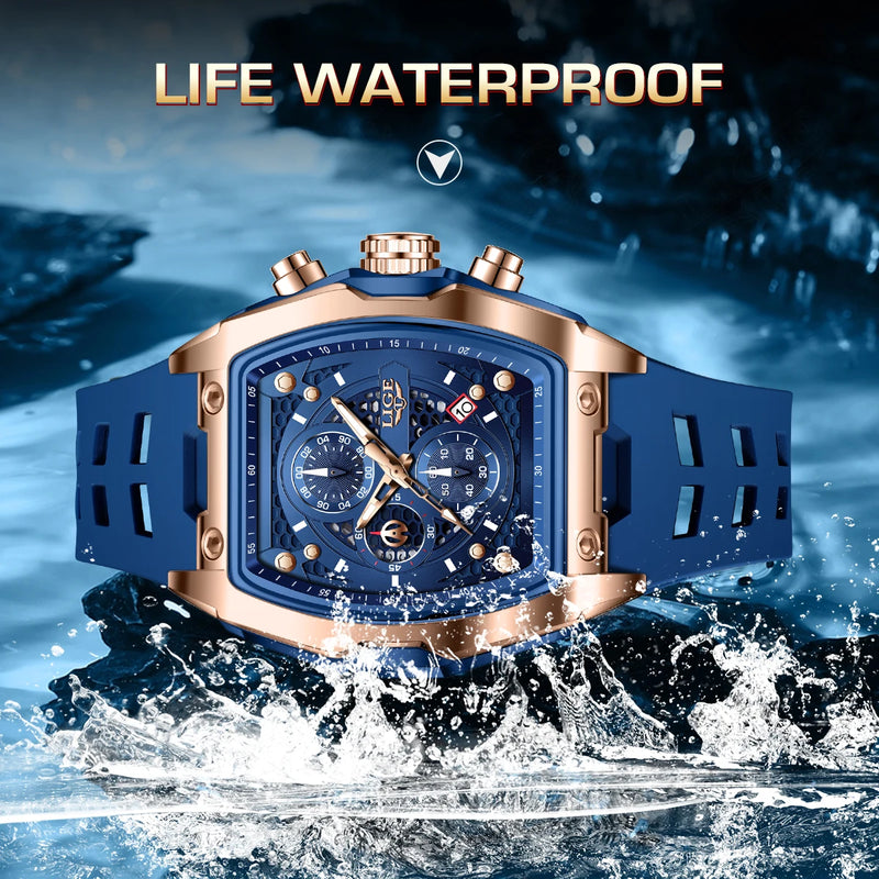Relógios LIGE multifuncionais de quartzo masculino moda esportes cronógrafo 5ATM pulseira de silicone.