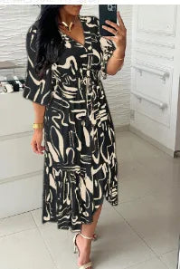Vestido Longo Casual feminino com decote em V manga alta cintura elástica