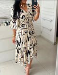 Vestido Longo Casual feminino com decote em V manga alta cintura elástica