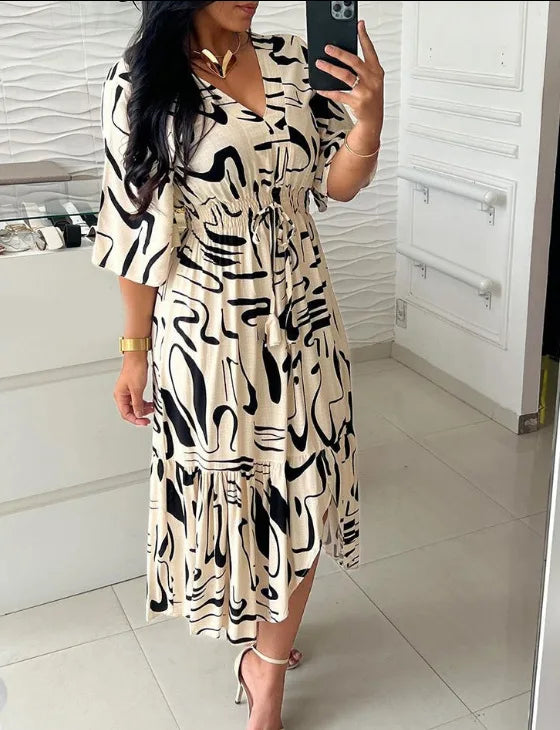 Vestido Longo Casual feminino com decote em V manga alta cintura elástica
