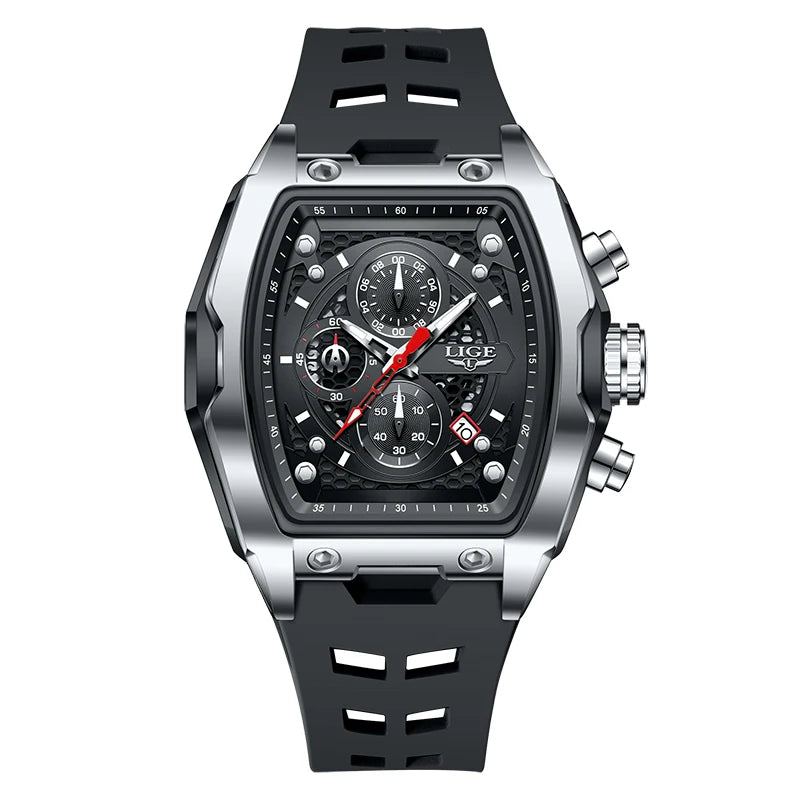 Relógios LIGE multifuncionais de quartzo masculino moda esportes cronógrafo 5ATM pulseira de silicone.