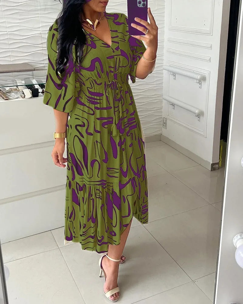 Vestido Longo Casual feminino com decote em V manga alta cintura elástica