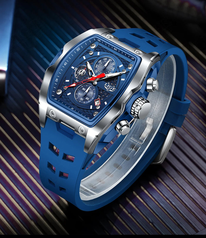 Relógios LIGE multifuncionais de quartzo masculino moda esportes cronógrafo 5ATM pulseira de silicone.