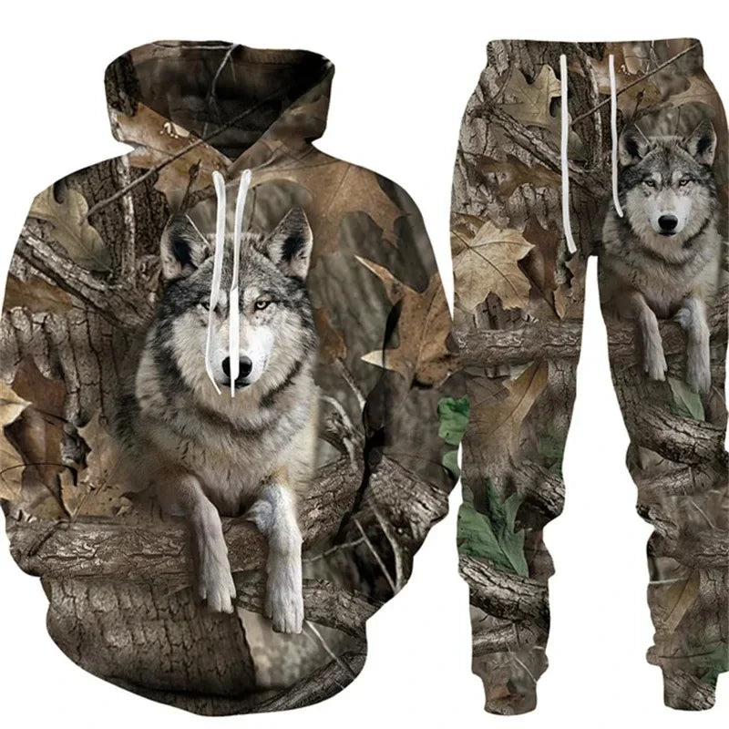 Conjunto animal camuflado camisa e calças série esportiva ideal para suas aventuras.