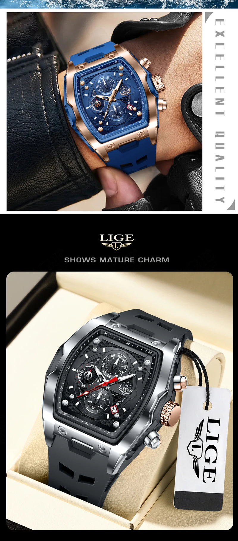 Relógios LIGE multifuncionais de quartzo masculino moda esportes cronógrafo 5ATM pulseira de silicone.