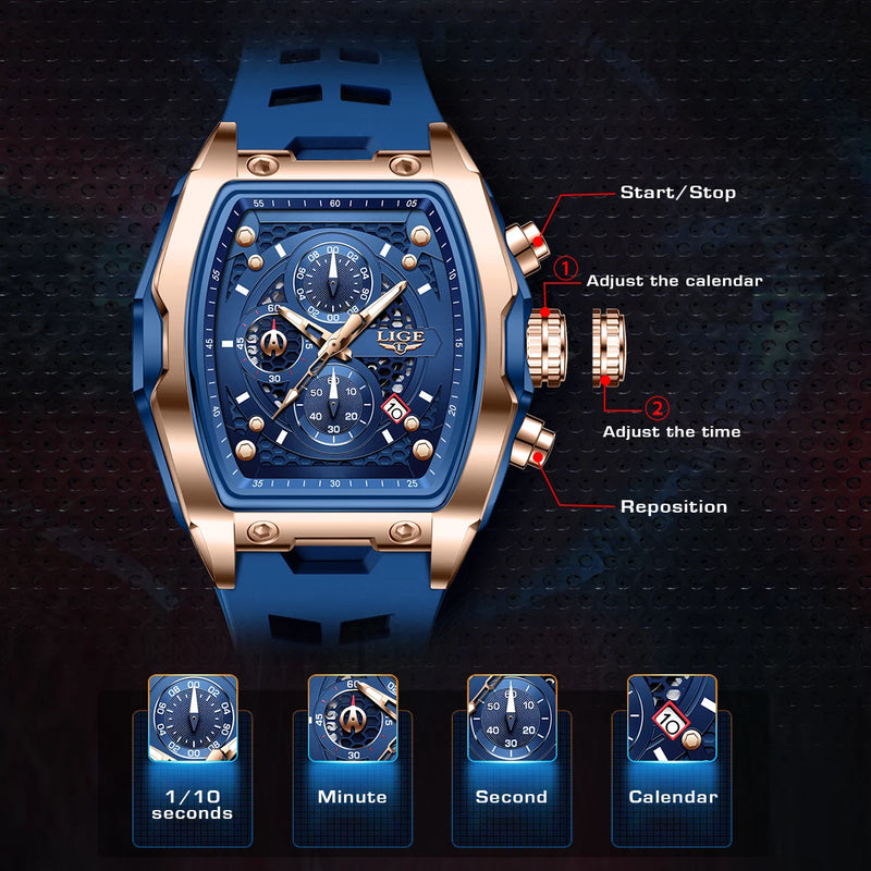 Relógios LIGE multifuncionais de quartzo masculino moda esportes cronógrafo 5ATM pulseira de silicone.